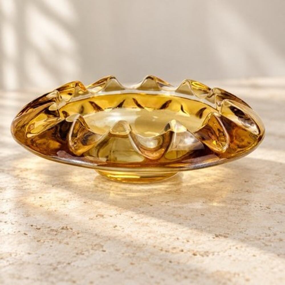 Vintage Amber Glass Ashtray Round Notched Crown Rim 6.25” Retro Decor